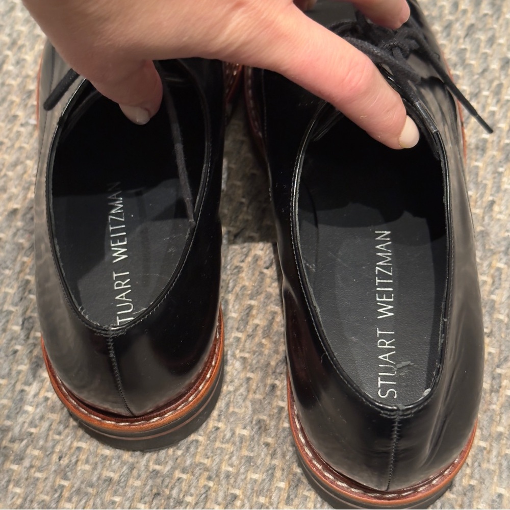 Stuart Weitzman Black Patent Leather Oxfords Brown Stripe Soles Shoes Size 7.5 - Picture 9 of 14